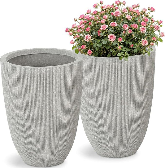 19" Tall Planter for Indoor Outdoor Plants, Set of 2 Large Flower Pot with Drainage Hole, Weather/UV-Resistant Resin Planters for Garden Patio Porch Home office Decor, Mediterranean Beige Fluted