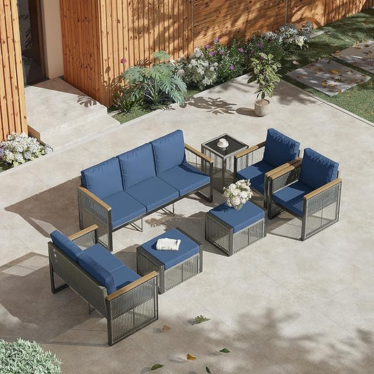 HOMREST 7 Piece Outdoor Sectional Patio Conversation Set,5 Seats Metal Outdoor Patio Furniture Set, All Weather Outdoor Couch Set with 2 Ottoman,3-Seats Sofa,Love Seat,Side Table for Deck, Lawn(Blue)