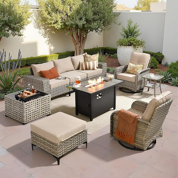 Patio Furniture Set,9 Pieces Outdoor Wicker Conversation Sets with 42 in Fire Pit Table,2 Wicker Rocking Chair & Coffee Table,Outdoor Sectional Sofa for Balcony Backyard Poolside Garden Lawn(Beige)