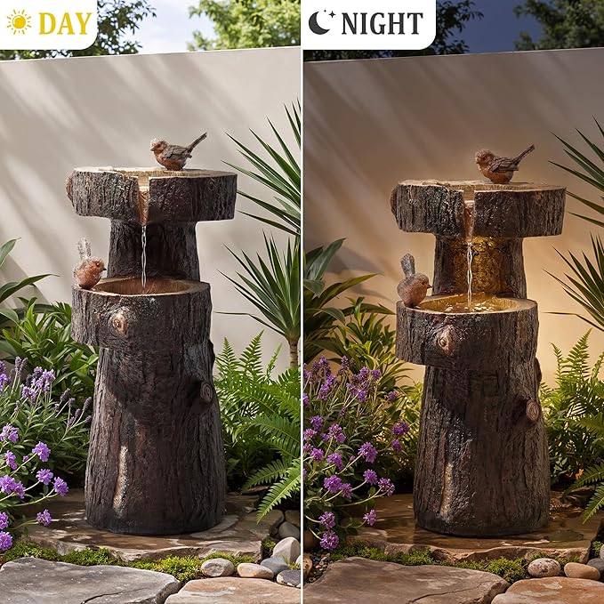 22.4" Tall Outdoor Water Fountain, 2 Tier Cascading Bowls and Stacked Water Fountain with LED Lights, for Yard Décor, Backyard, Patio and Deck (22.4'')