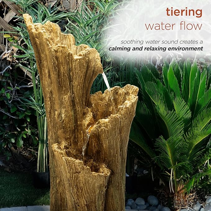 Alpine Corporation TZL210 39” Outdoor 3-Tiered Aged Log Water Fountain with LED Lights – Garden Water Feature for Patio, Lawn & Yard Decoration, Brown