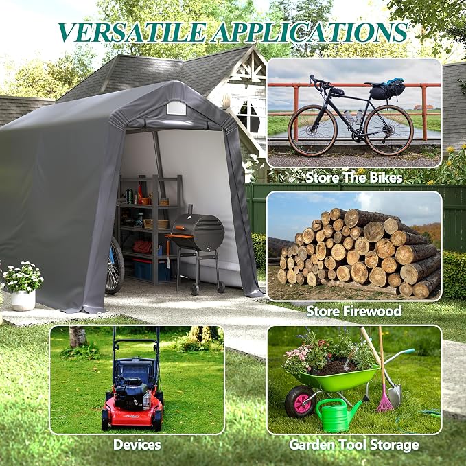 GARTOO 7' x 12' Outdoor Storage Shed- Heavy Duty Storage Shelter Tent with Roll-up Ventilated Door, Portable Garage Zipper Storage shed for Bike, ATV, Motorcycle Shelter, Gray - Image 7
