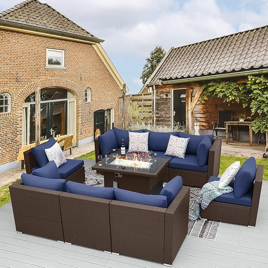 BULEXYARD 9 Pcs High Back Outdoor Sectional Set with Firepit Table, Luxury Patio Furniture Seating Set, Oversized Wide Deep Modular 8-Seater Couch Sofa for Backyard, Brown Wicker & Navy Blue Cushion