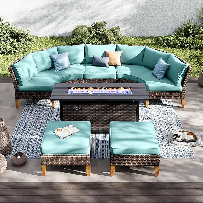 PHI VILLA 6-Piece Wicker Patio Furniture Set with Fire Pit Table, Outdoor Half-Moon Curved Sectional Sofa with Cushions, 56” Gas Fire Pit Table and Ottomans, Aqua Blue