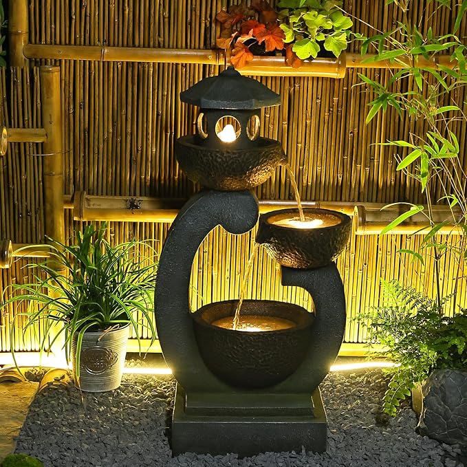 36 inches Garden Water Fountain Outdoor Zen Pagoda Japaness Modern Tranquil Waterfalls Fountains Bowl with LED Lights & Pump for Patio Yard Porch Deck Home Decor Gray