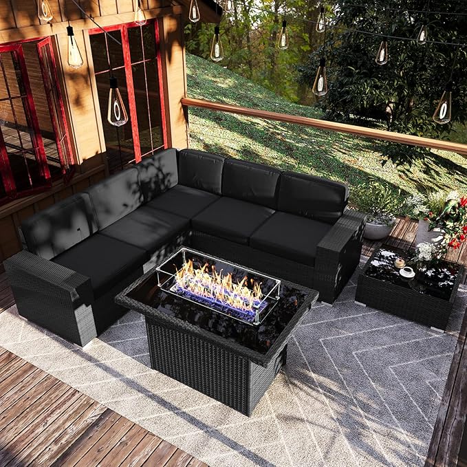 7 Pieces Patio Furniture Set with 44" Propane Gas Fire Pit Table, Outdoor Sectional Wicker Conversation Sofa Sets with Coffee Table