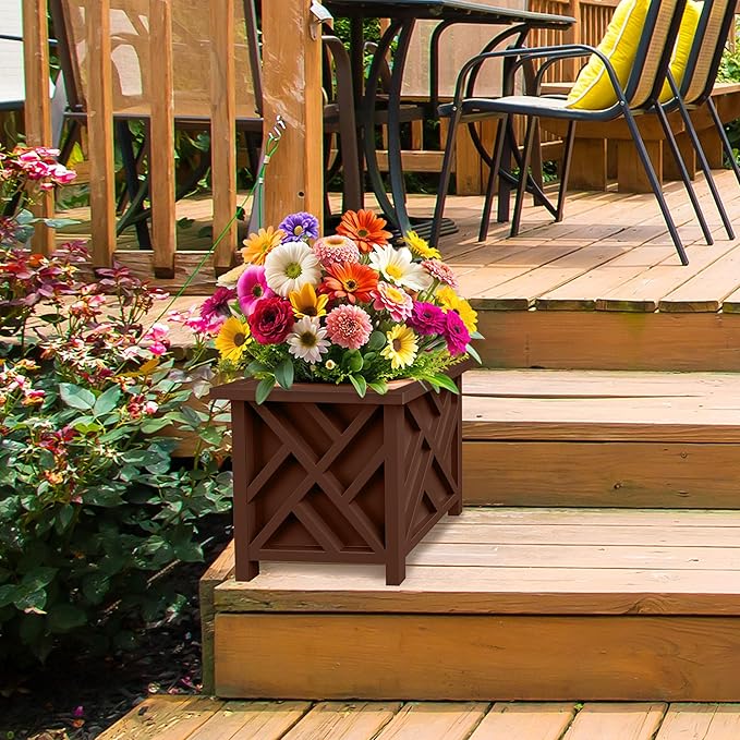Lattice Design Outdoor Planter Box - 14.75” Square 13” Tall Brown Plant Pot - Decorative Plant Pots for Front Porch Decor - Flower Pots Outdoor Planters for Porch Patio or Garden Decor by Pure Garden
