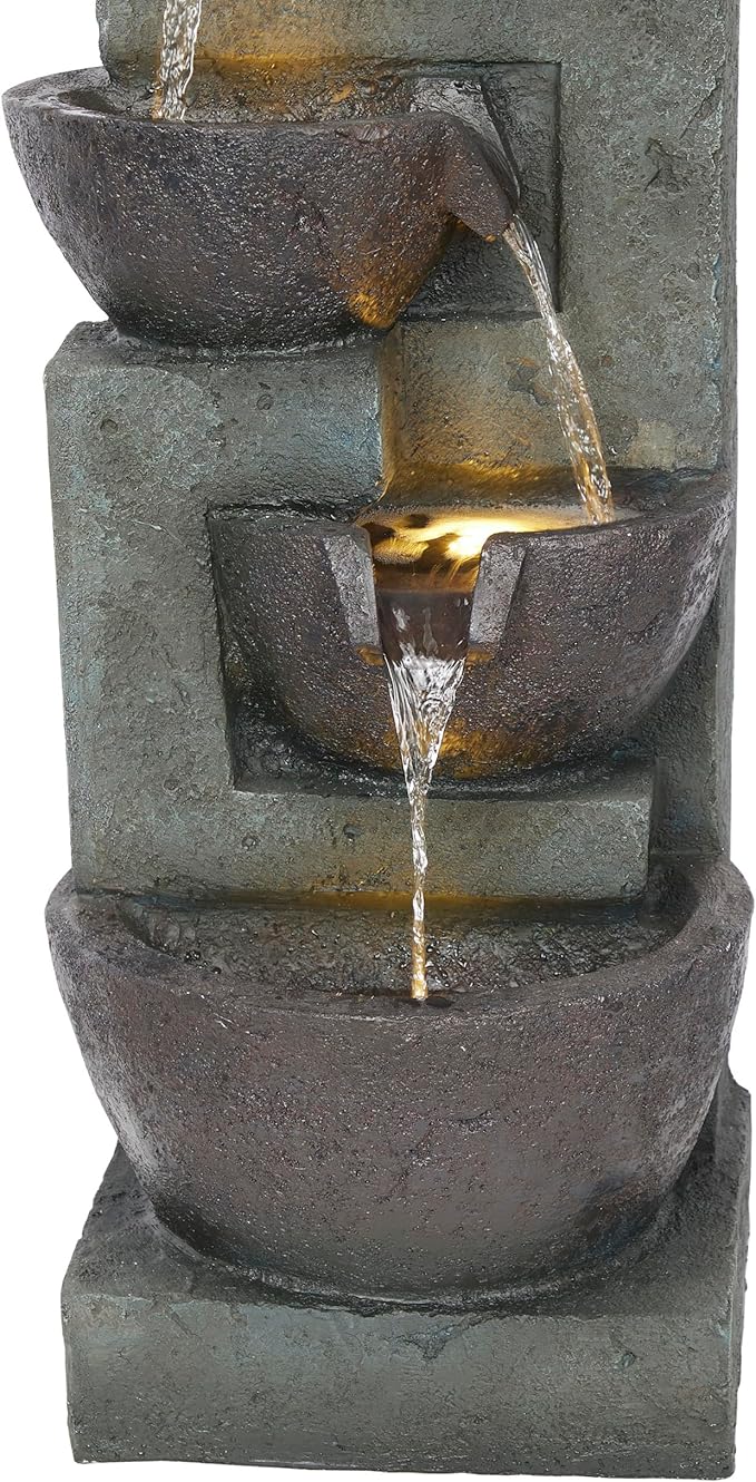 Alpine Corporation 39" Tall 5-Tier Bowls Waterfall Fountain with LED Lights, Elegant Outdoor Water Feature for Garden, Patio, Yard, Gray