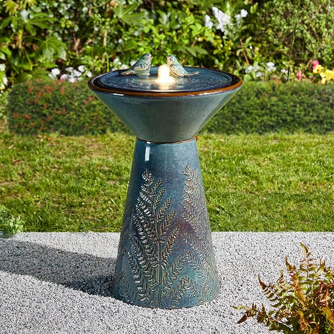 Glitzhome 27.5" H Ceramic Garden Water Fountain with LED Light and Pump Bird Bath Fountain Outdoor Turquoise Embossed Pattern Pedestal Freestanding Water Fountain for Yard Floor Patio Backyard