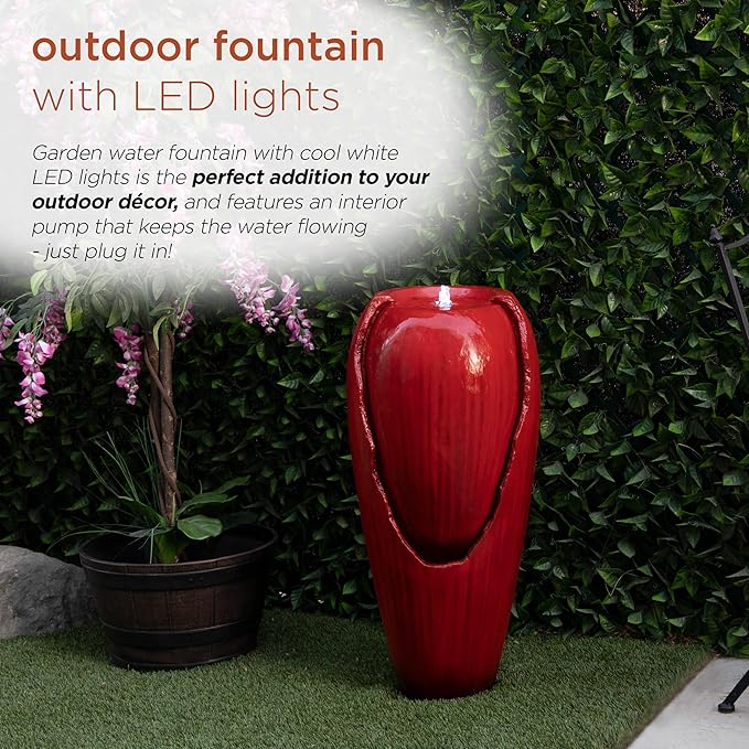 Alpine Corporation DIG100XS-RD | 33"H Outdoor Vintage Cascading Antique Jar Water Fountain with LED Lights — Garden, Patio & Yard Décor — Red Finish