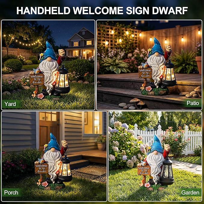 Garden Gnome Statues Figurine Lights - Solar Powered Lighting Outdoor Decorations with Lantern & Welcome Sign, Yard Art Lawn Ornaments for Porch Patio Balcony - Gnome Gifts for Women Mom
