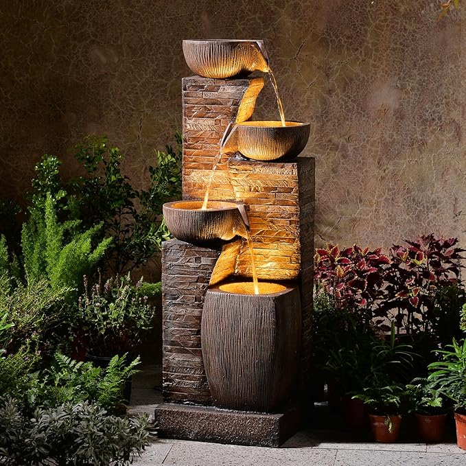 38.2" Tall Outdoor Water Fountain,Stone Texture Modern 4 Tiers Cascading Bowls Garden Fountains Outdoor,Suit for Patio, Deck, Porch, Lawns, Backyard and Home Art Decor