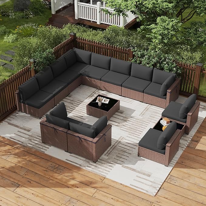 KIGOTY Patio Furniture Set,14 Pieces Modular Outdoor Sectional Sofa, PE Rattan Patio Conversation Set, All Weather Wicker Patio Furniture with Cushions and Coffee Table (Brown/Dark Grey)