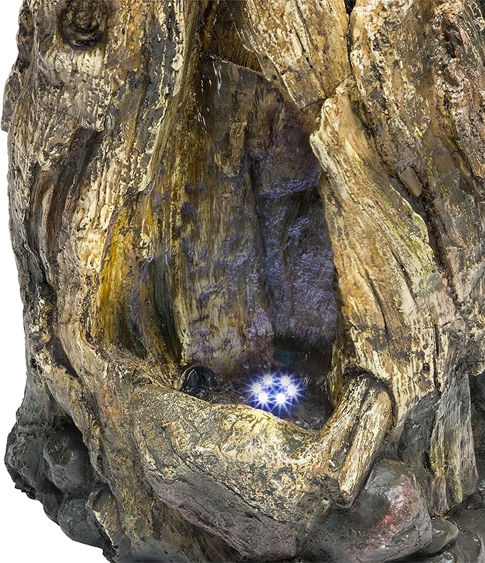 Alpine Corporation WIN270S Indoor/Outdoor Floor Rainforest Fountain with LED Lights, Tree Trunk Waterfall Fountain 22", Brown