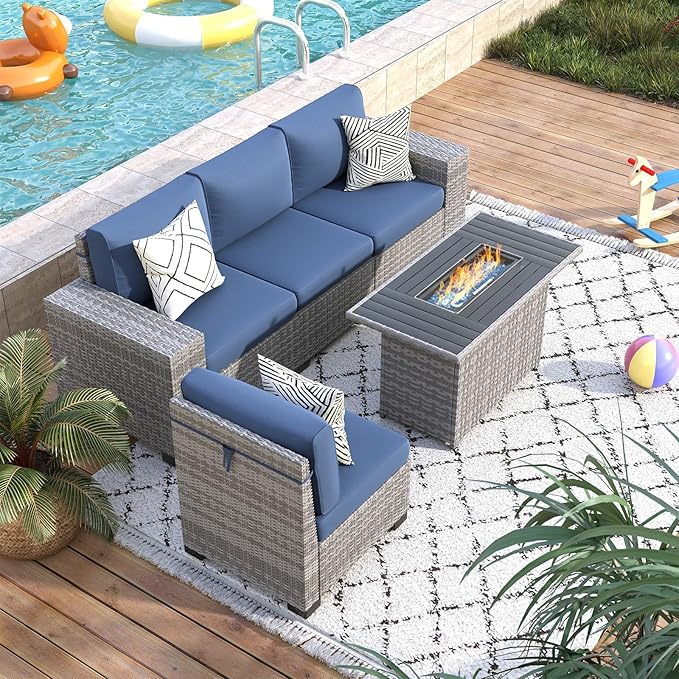 5 Piece Patio Furniture Set with Fire Pit Table, Outdoor Conversation Sets Grey Wicker Rattan Sectional Sofa, 4'' Thickened Cushion Navy Blue (Include Waterproof Cover)