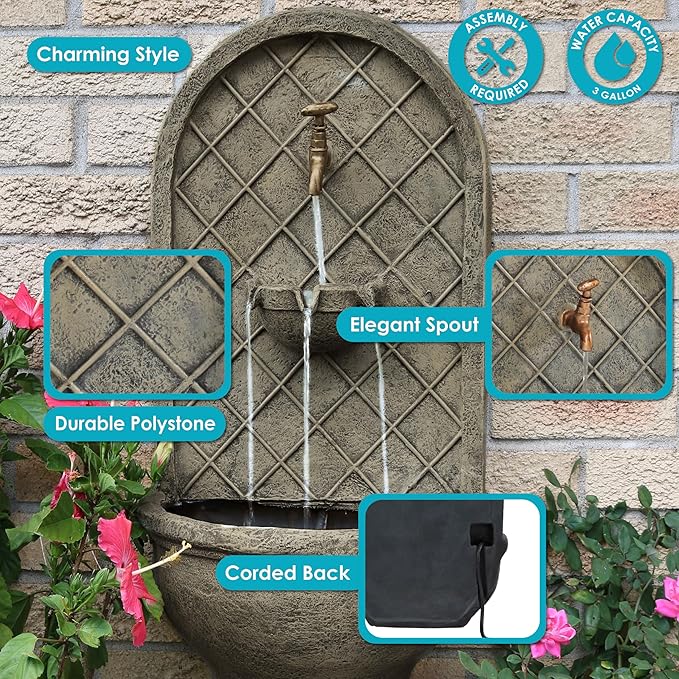 Sunnydaze 26" Outdoor Wall Water Fountain with Pump - French Limestone - Messina - Electric