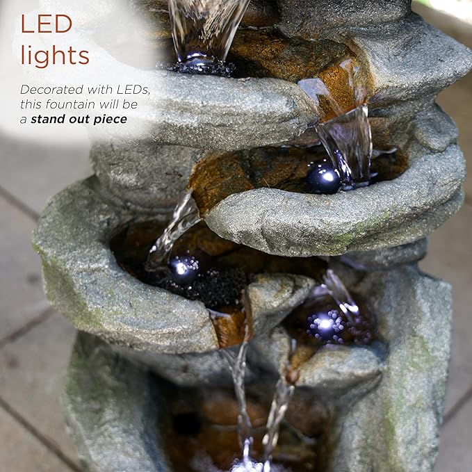 Alpine Corporation 24" H Outdoor Waterfall Floor Fountain with White LED Lights, Gray