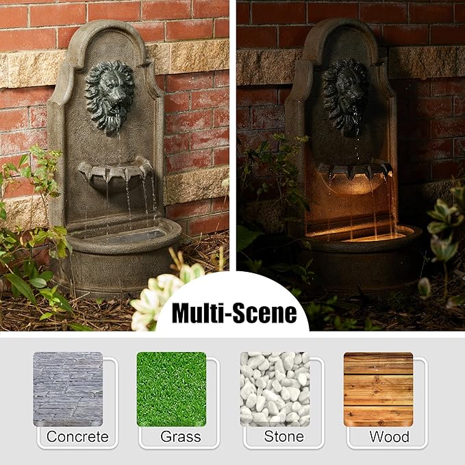 Glitzhome 3-Tier Outdoor Water Fountain with LED Light, Oversized Vintage European Style Lion Head Waterfall Fountains, Rustic Faux Granite Fountain for Garden Patio Deck Porch, 31.75”H