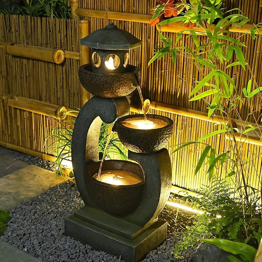 36 inches Garden Water Fountain Outdoor Zen Pagoda Japaness Modern Tranquil Waterfalls Fountains Bowl with LED Lights & Pump for Patio Yard Porch Deck Home Decor Gray