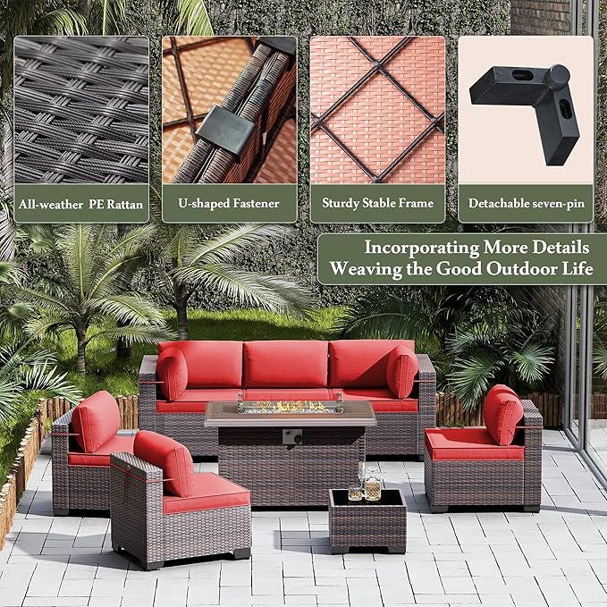 10 Pieces Outdoor Patio Furniture Set,Outdoor Sectional Furniture with 43" 55000 BTU Gas Propane Fire Pit Table,All Weather PE Rattan Wicker Patio Conversation Set,Red