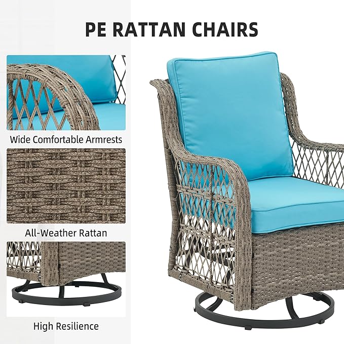 GarveeHome 3 Piece Outdoor Patio Set, Wicker Rocking Bistro Set with 2 Swivel Chairs & Tempered Glass Top Table, Rattan Outdoor Furniture with Cushions for Patio Porch Backyard