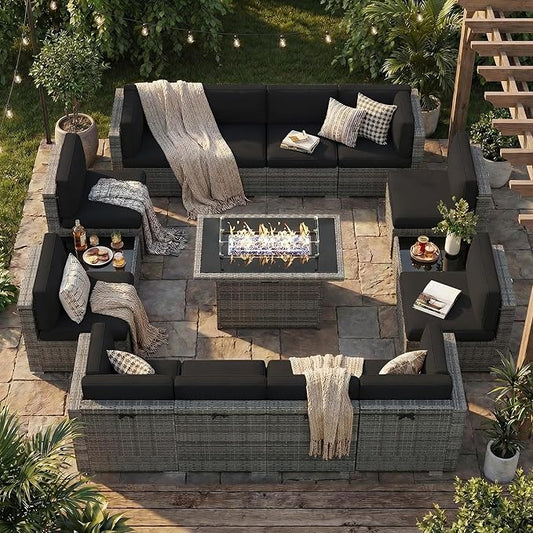 15 Pieces Patio Furniture Set with 44" Propane Gas Fire Pit Table, Outdoor Sectional Wicker Conversation Sofa Sets with Coffee Table