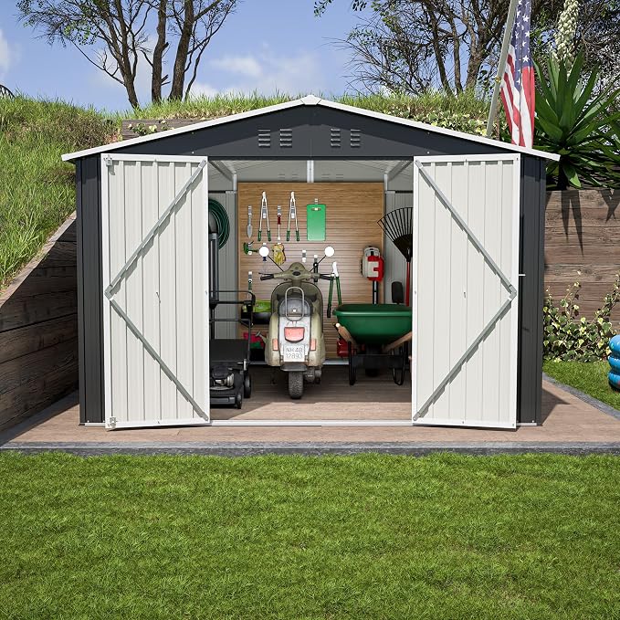 YOPTO 10 x 10 FT Outdoor Storage Shed,Heavy Duty Tool Sheds Metal Storage Garden Shed with Sloped Roof and Lockable Doors,Large Metal Storage Sheds for Backyard Patio Lawn, Black - Image 6