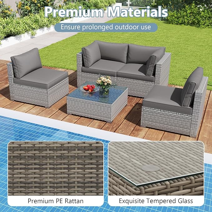 Tangkula 5-Piece Outdoor Patio Sectional Sofa Couch, PE Rattan Conversation Set w/Glass Coffee Table & Cushions, Outdoor Furniture Set w/Sturdy Metal Frame for Garden Poolside Backyard