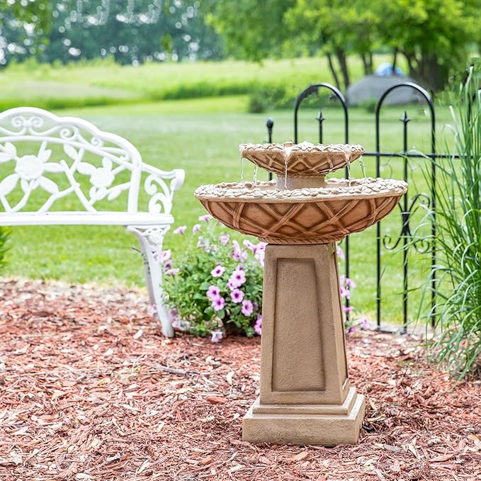 Sunnydaze Beveled Flower 28-Inch 2-Tier Outdoor Water Fountain - Backyard Water Feature & Bird Bath for Patio, Yard or Deck