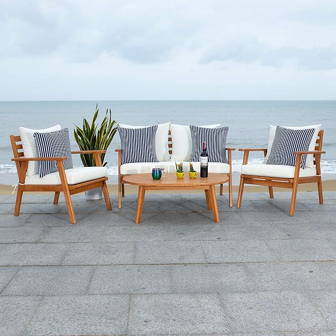 Safavieh PAT7050D Outdoor Deacon Natural and Beige 4-Piece Navy Striped Pillows Patio Set