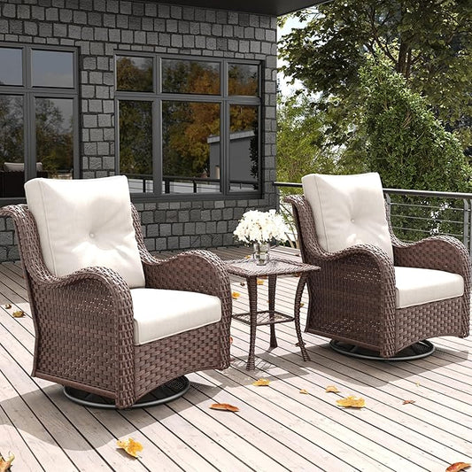 LayinSun 3 Pieces Outdoor Patio Furniture Set, Rattan Wicker Swivel Rocker Chairs Sets with Swivel Glider Chairs and Coffee Table