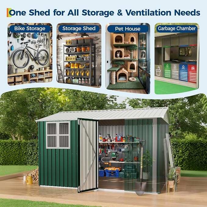 10x8 FT Outdoor Storage Shed, 450 Cu Ft Weather Resistant Garden Shed with Gable Roof & Grid Window, Multi-Use Shed for Bikes, Lawn Mowers, Patio Supplies & Pet Shelter - Image 6