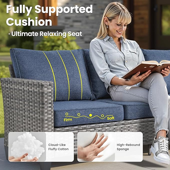 ovios Patio Furniture Set, 6 Pieces Outdoor Wicker Sofa Couch with Fire Pit Table, Ottomans and Comfy Cushions, All Weather High Back Rattan Conversation Set, Denim Blue