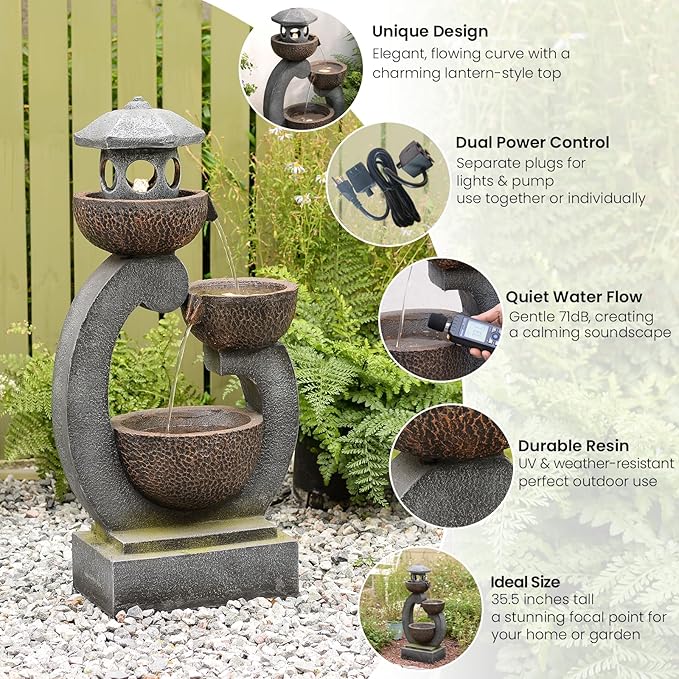 36 inches Garden Water Fountain Outdoor Zen Pagoda Japaness Modern Tranquil Waterfalls Fountains Bowl with LED Lights & Pump for Patio Yard Porch Deck Home Decor Gray