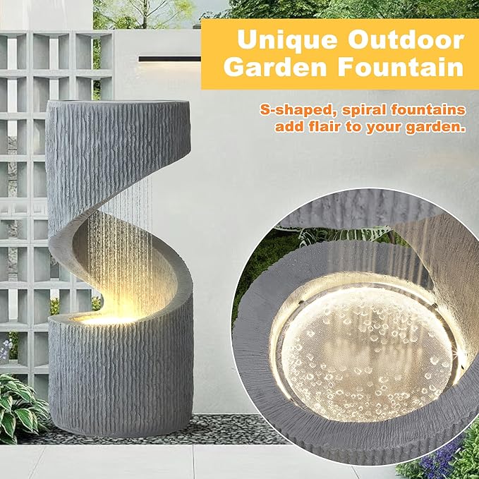 MAGIC UNION Outdoor S-Shaped Water Fountain, Spiral Waterfall Indoor Fountain Outside Garden Decor with LED Lights & Pump, Curved Patio Resin Fountains for Yard, Deck, Porch and Home Decorations