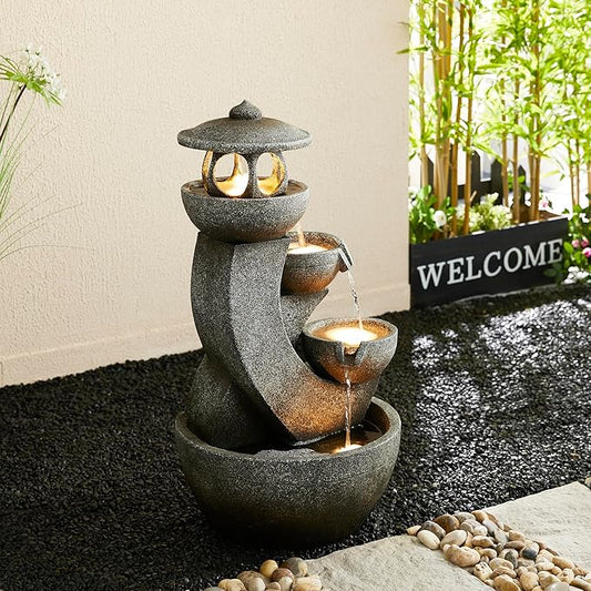 Glitzhome Pagoda Outdoor Water Fountain with LED Light, 4-Tier Oversized Cascading Stacked Stone Waterfall Fountains, Natural Stone Look Outdoor Fountain for Garden Patio Porch, 32”H