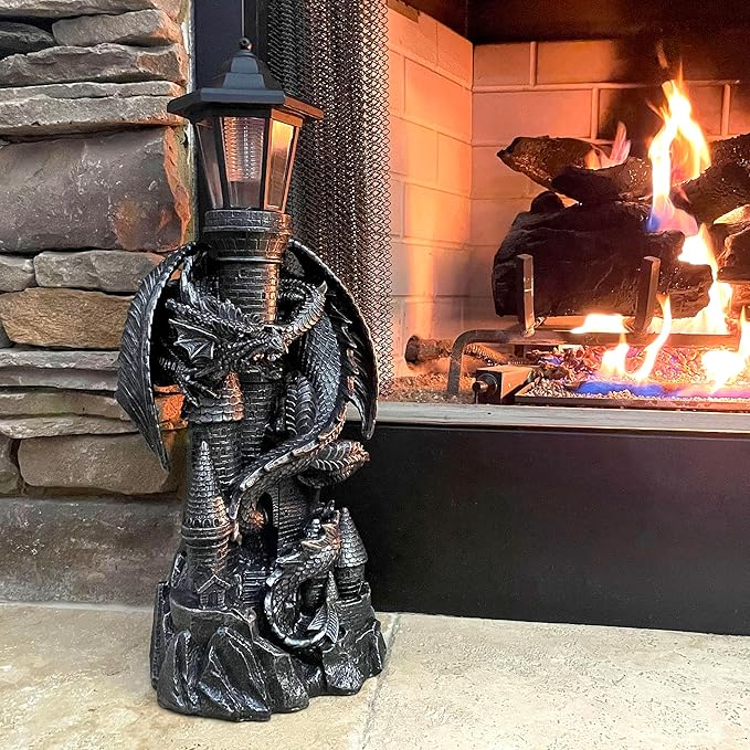 Zeckos 'Keeper of The Castle' Medieval Dragon Statue with Solar-Powered LED Lantern - 21 Inches High - Majestic Outdoor Decor Symbolizing Protection and Gothic Enchantment