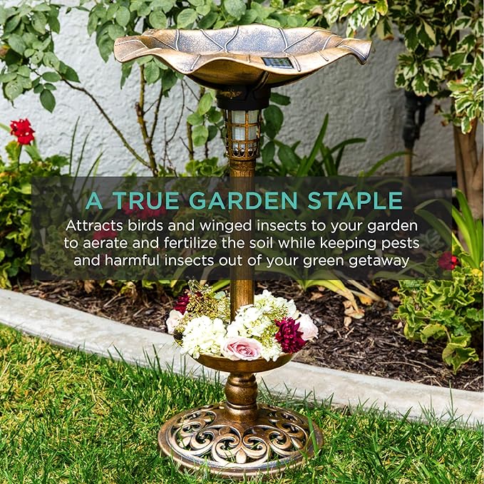 Best Choice Products Outdoor Solar Lighted Pedestal Bird Bath Fountain Decoration w/Planter, Integrated Panel, Scroll Accents for Lawn, Garden - Bronze