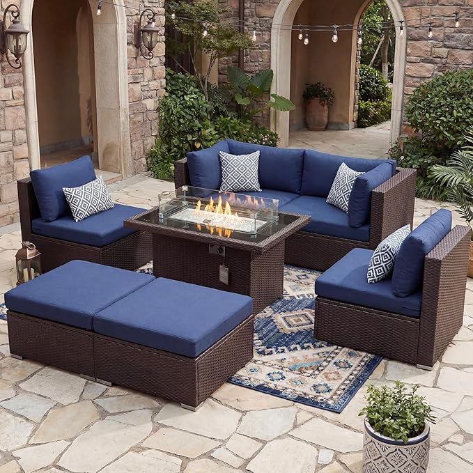 BULEXYARD 7 Pcs High Back Patio Furniture Set with Fire Pit Table Propane/Natural Gas Dual Fuel, Durable Outdoor Sectional Couch, Cozy Backyard Seating for Exterior, Brown Wicker & Navy Blue Cushion