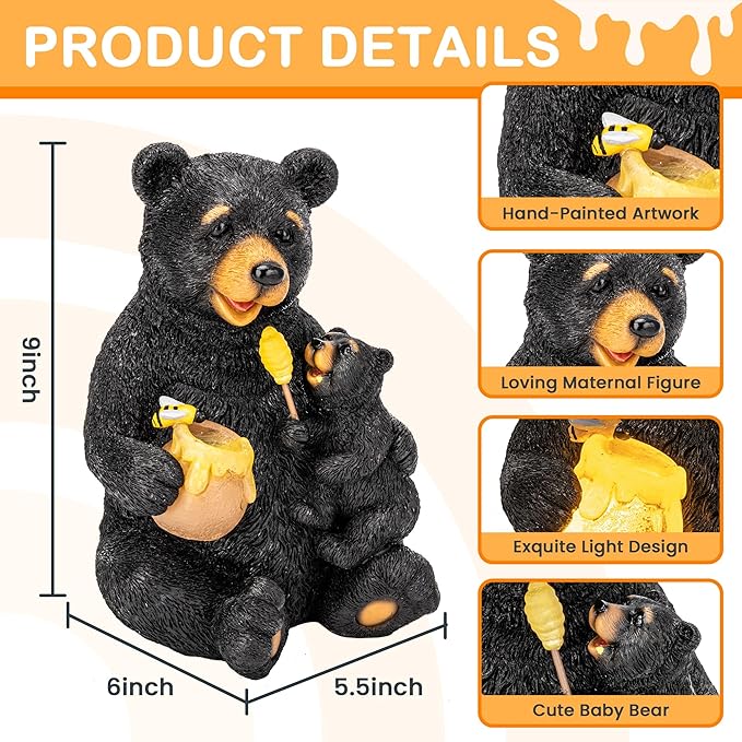 GIGALUMI Solar Garden Statues Bears 9", Loving Black Bear Decor, Yard Decorations Outdoor, Bear Figurine Lights for Outside, Garden Decor Unique Birthday Housewarming Gifts for Women, Mom