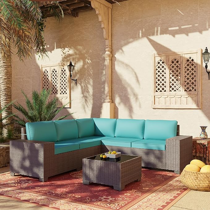 6 PCS Outdoor Patio Furniture Set,Outdoor Sectional Furniture All Weather PE Rattan Wicker Patio Conversation Set with Coffee Table and 5 Thickened Cushions,Turquoise Blue