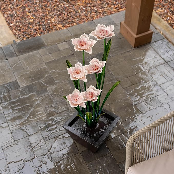 XBrand 39-Inch Metal Multi-Tier Flower Water Fountain with LED Lights, Multicolor Sculptural Outdoor