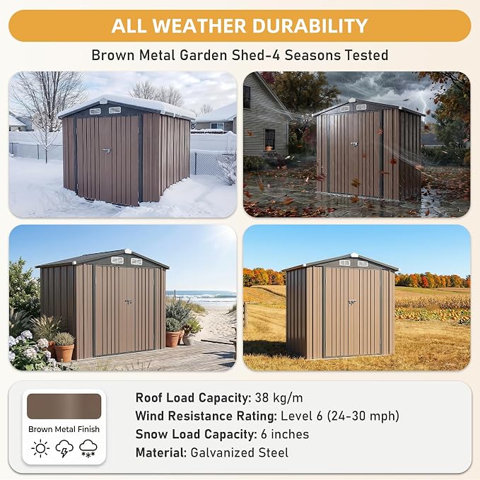 Aoxun 6' x 4' Outdoor Shed with 2 Pack Motion Sensor Light Garden Metal Storage Shed with 4 Vents, Lockable Doors for Patio, Lawn & Garden, Brown - Image 7