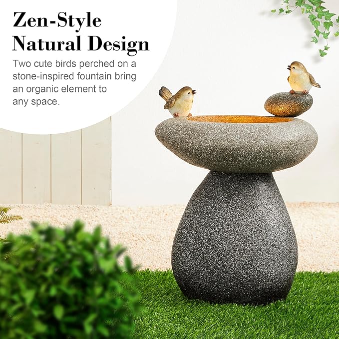 Glitzhome 20.75" H Water Fountain with LED Light and Pump, Zen Style Faux Stone Texture Birdbath Outdoor Fountains with Birds Decor, Floor Fountain for Porch Deck Patio Backyard