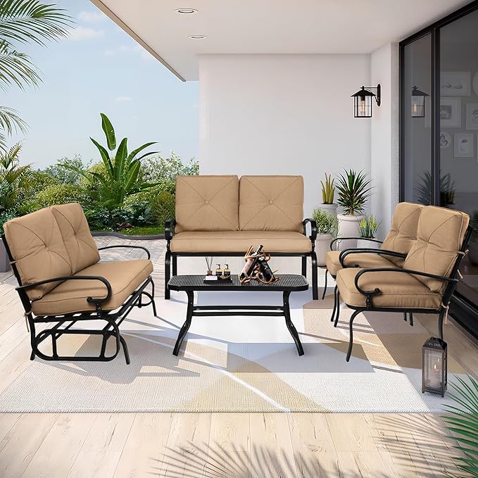 5 Pcs (6 Seats) Outdoor Patio Furniture Conversation Sets, Glider, Loveseat and Coffee Table, 2 Single Chairs with Cushions (Brown)