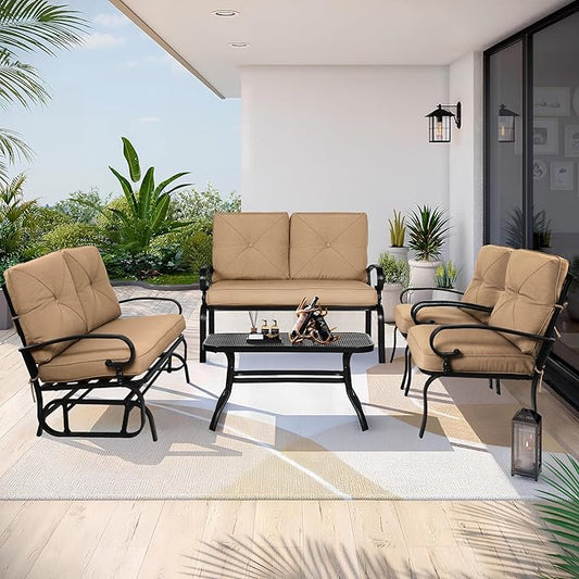 5 Pcs (6 Seats) Outdoor Patio Furniture Conversation Sets, Glider, Loveseat and Coffee Table, 2 Single Chairs with Cushions (Brown)