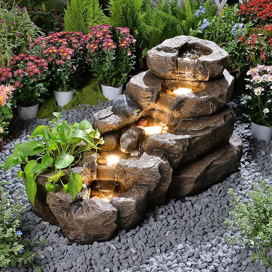 38.2" L Water Fountain Outdoor Garden 5 Tiers Floor Standing Rock Natural Waterfall Outdoor Fountains with LED Lights and Planting Pot for Patio, Porch,Backyard,Home Art Decor