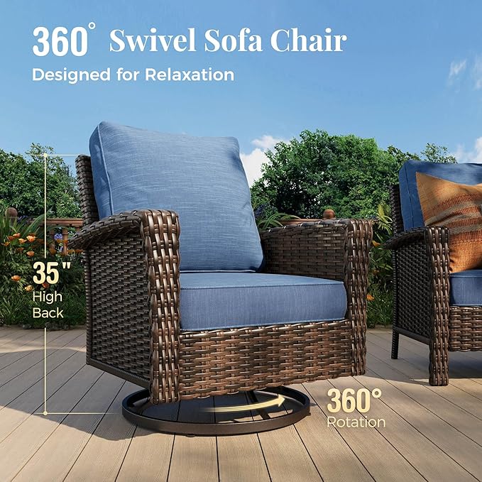 Swivel Patio Wicker Chairs Set of 2, High Back Outdoor Swivel Patio Rattan Chairs with 5.5" Thick Cushions for Bistro Balcony Porch Deck and Yard, Navy Blue
