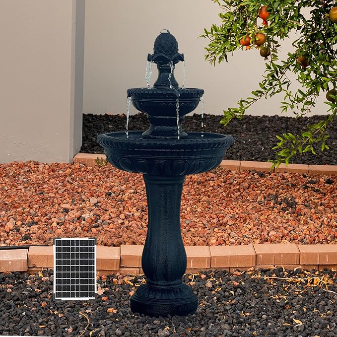 XBrand 39" 2-Tier Outdoor Freestanding Solar Water Fountain - Classic Design, Black Resin Bird Bath with Pump - Ideal for Yard, Lawn and Garden, Porch Décor
