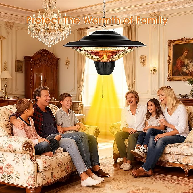 Hanging Infrared Electric Heater, 1500W Ceiling Mounted Heater Outdoor Indoor, IP34 Waterproof & Quiet Fanless, Tip-over/Overheat Protection for Patio, Garage, Gazebo, Home Use